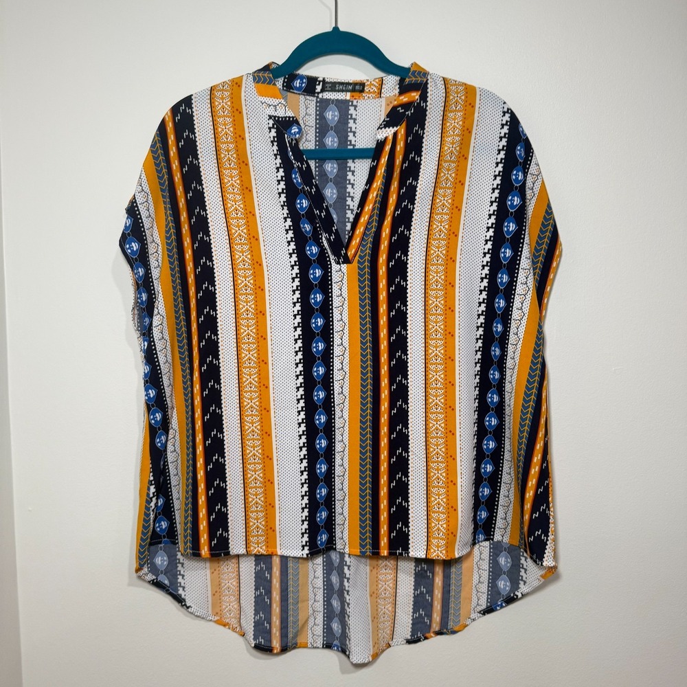 Shein Women‎ XL Boho Geometric Stripe Split‑V Sleeveless High‑Low Blouse Chevron